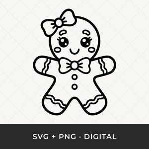 Op de afbeelding: Zwart-wit lijntekening van een peperkoeken mannetje met een strik op zijn hoofd en een vlinderdas. Het peperkoeken mannetje heeft een lachend gezicht en decoratieve details. De tekst "SVG + PNG • DIGITAL" staat onderaan.