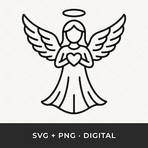 Könnte beinhalten: Schwarz-weiße Strichzeichnung eines Engels, der ein Herz hält. Der Engel hat große Flügel und einen Heiligenschein. Der Text "SVG + PNG • DIGITAL" ist unten im Bild enthalten.
