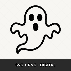 Pode incluir: Gráfico digital em preto e branco com tema de Halloween de um fantasma com boca aberta e olhos ovais. O fantasma tem um design simples e de desenho animado. O texto "SVG + PNG • DIGITAL" está incluído.