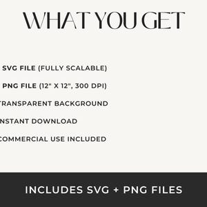 May include: A digital graphic design image with the text "WHAT YOU GET" at the top. The image lists the included files: 1 SVG file, 1 PNG file (12" x 12", 300 DPI), transparent background, instant download, and commercial use. The bottom of the image reads "INCLUDES SVG + PNG FILES".