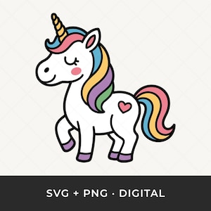 May include: A cartoon unicorn illustration with a white body, a colourful mane and tail, and a golden horn. The unicorn has a pink heart on its side and is outlined in black. The text "SVG + PNG • DIGITAL" is at the bottom.