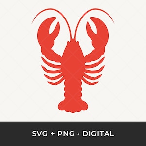 Op de afbeelding: Rood kreeftsilhouet met grote klauwen en antennes. De kreeft is gecentreerd op een witte achtergrond. De tekst "SVG + PNG • DIGITAL" staat onderaan de afbeelding.
