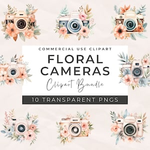 Aquarell Blumen Kamera Clipart: PNG Bündel, kommerzielle Nutzung