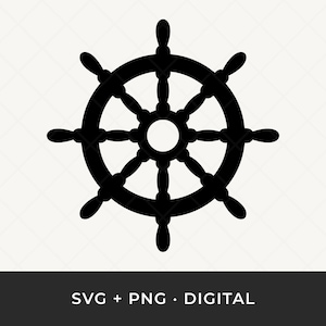 Peut inclure: Une roue de navire noire, symbole nautique, se détache sur un fond blanc. La roue a un centre circulaire avec des rayons rayonnant vers l'extérieur, et des poignées aux extrémités des rayons. Le texte "SVG + PNG • DIGITAL" est en bas.