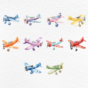 May include: A set of ten watercolor illustrations of vintage airplanes in various colors, including red, blue, yellow, pink, and orange. The airplanes are all in flight and have a whimsical, cartoonish style.