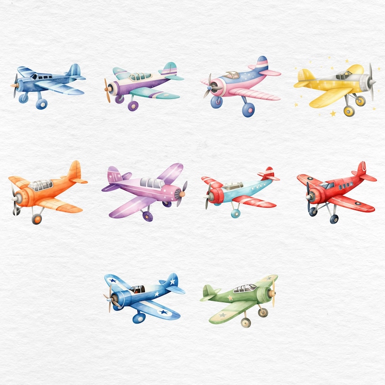 May include: A set of ten watercolor illustrations of vintage airplanes in various colors, including red, blue, yellow, pink, and orange. The airplanes are all in flight and have a whimsical, cartoonish style.