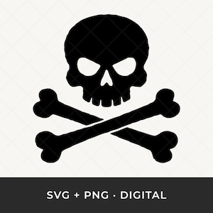 Puede incluir: Ilustración de calavera negra con huesos cruzados sobre fondo blanco. La calavera tiene cuencas oculares grandes y una mandíbula detallada. Los huesos cruzados son gruesos y curvados. El texto "SVG + PNG • DIGITAL" está en la parte inferior.