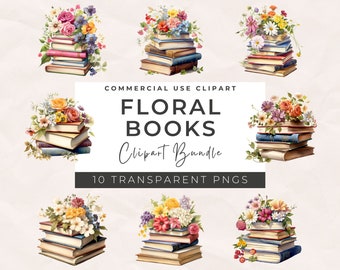 May include: A set of 10 digital clipart images featuring stacks of books adorned with colorful floral arrangements. The books are vintage-style with worn edges and the flowers are vibrant and realistic. The text "Floral Books Clipart Bundle 10 Transparent PNGs" is displayed on a white background.