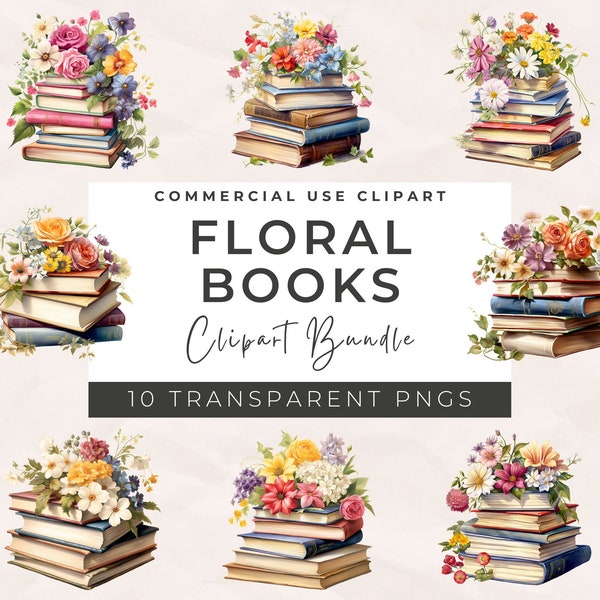 Watercolor Floral Books Clipart - Book Bundle PNG, Open Book Clipart, Vintage books, Old Books, Book Lover Clipart, Fantasy Reading