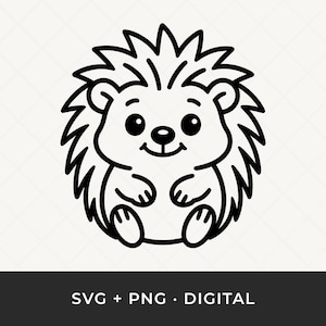 May include: A black and white cartoon illustration of a hedgehog. The hedgehog has a round body, spiky back, and a smiling face. The image includes the text "SVG + PNG • DIGITAL" at the bottom.