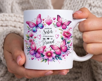 Sister Mug Wrap, 11oz & 15oz Mug Template, Friend Heart Mug Sublimation Design, Pink Butterflies Mug Wrap Template, Instant Download PNG