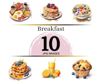 Watercolor Breakfast Clipart: Food Illustrations, Pancakes, Cupcake (Digital Download)
