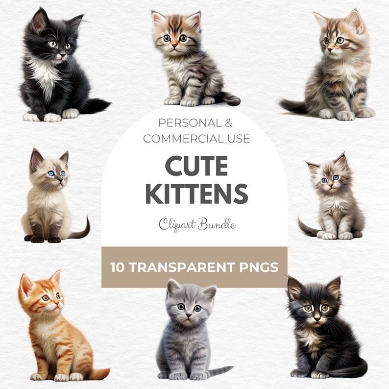 Pu&ograve; includere: Una collezione di dieci adorabili immagini clipart di gattini in vari colori e motivi. I gattini sono raffigurati in posizione seduta, con pelo soffice e occhi espressivi. Il testo recita "Cute Kittens Clipart Bundle".