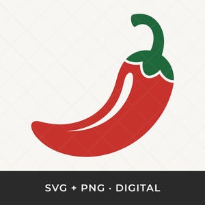 May include: A red chili pepper vector graphic with a green stem. The pepper is curved and has a white highlight. The text "SVG + PNG • DIGITAL" is at the bottom.