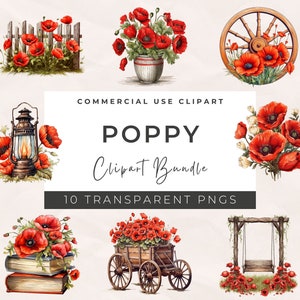 Clipart de papoula em aquarela - flores e buquês florais de papoula da Califórnia em formato PNG, download instantâneo, uso comercial