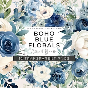 Boho blauwe bloemen clipart, boho blauw boeket, aquarel illustraties voor commercieel gebruik, transparante png's, bruiloft, jongensbabyshower