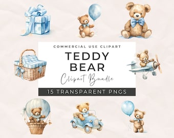 Watercolor Teddy Bear Clipart Bundle, Baby Shower for a boy, Commercial use, Transparent PNGs, Blue Aeroplane Balloons
