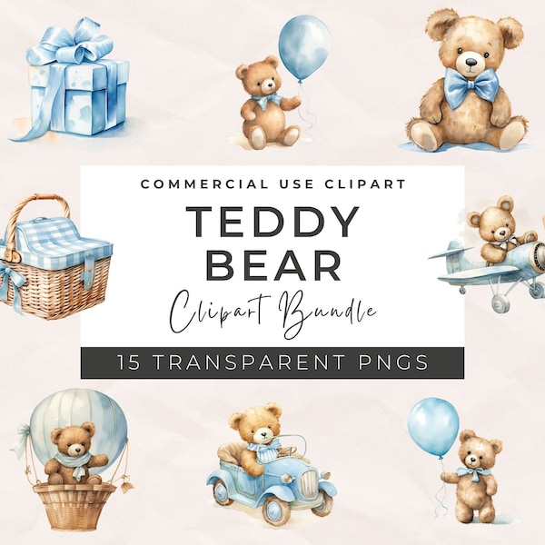 Watercolor Teddy Bear Clipart Bundle, Baby Shower for a boy, Commercial use, Transparent PNGs, Blue Aeroplane Balloons