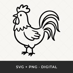 Puede incluir: Dibujo lineal en blanco y negro de un gallo. El gallo se representa de perfil, con una cresta, una barbilla y plumas de la cola detalladas. La imagen incluye el texto "SVG + PNG • DIGITAL" en la parte inferior.