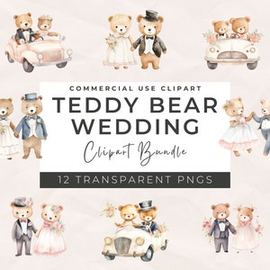 Aquarell Teddy Bär Hochzeit Clipart - süße Teddy Clipart, herunterladbare Teddybär, Braut und Bräutigam Clipart, kommerzielle Nutzung, Schrottbuch