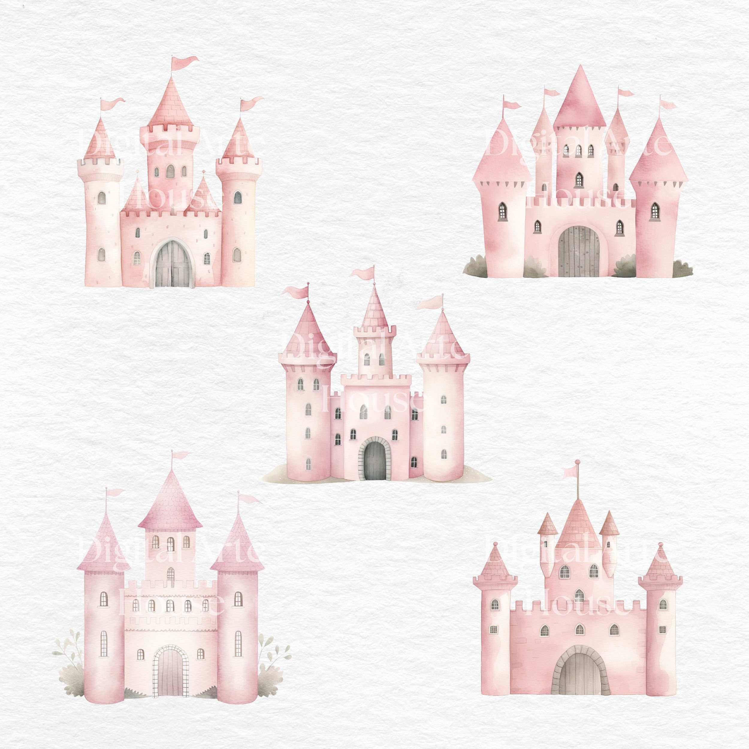 Watercolor Pink Fairy Castle Clipart: Princess Kingdom PNG ...