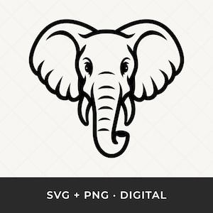 Tête d'éléphant SVG : contour des animaux de safari, fichier de coupe Silhouette visage pour Cricut