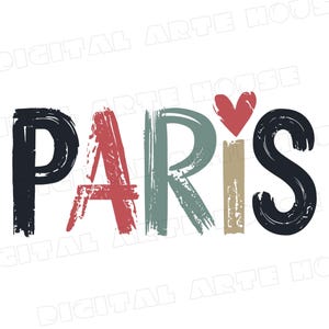 May include: A graphic design of the word "PARIS" in colorful brushstrokes with a red heart above the word.