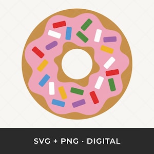 May include: A cartoon illustration of a donut with pink frosting and colorful sprinkles. The donut has a brown base and a white center. The text "SVG + PNG • DIGITAL" is at the bottom.