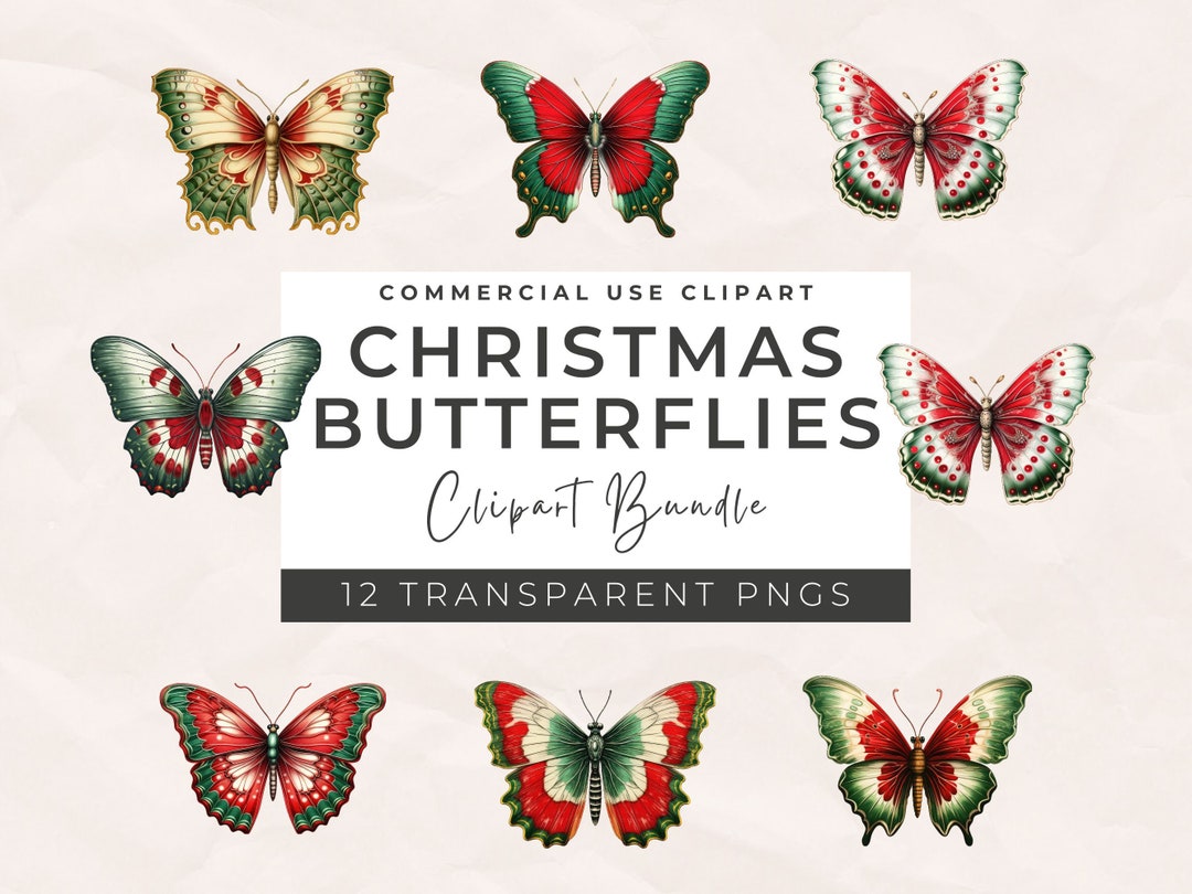 Watercolor Christmas Butterflies Clipart 12 PNG Festive Butterfly