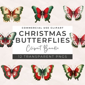 Clipart de borboletas de Natal em aquarela - 12 imagens PNG de borboletas festivas, gráficos de férias, download digital instantâneo, uso comercial