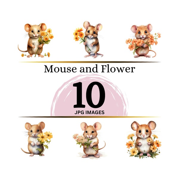 Mouse and Flower Clipart - 10 High Quality JPGs - Digital Download - Card Making, Mixed Media, Digital Paper Craft