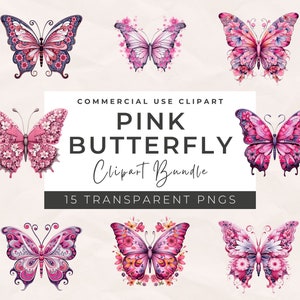 Pink Butterfly Clipart - Pink Butterfly Printe, transparante achtergrond, commercieel gebruik, digitale afbeeldingen, Instant Download