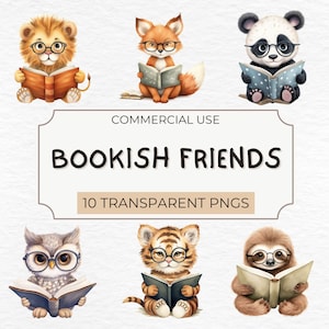 Watercolor Animals Reading Book Clipart, Commercial Use, Reading-Clipart, Fairytale Reading, Bookish, Nursery Decor, Digital Download