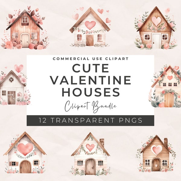 Watercolor Cute Valentine Houses Clipart - Pink House PNG, Nursery art, Printable Valentine, Scrap Book, Downloadable, Commercialuse