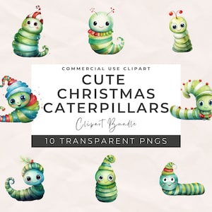 Pacote de clipart de lagarta fofa aquarela, PNG de Natal, clipart de Natal, pacote PNG de Natal, livro de recortes, download digital