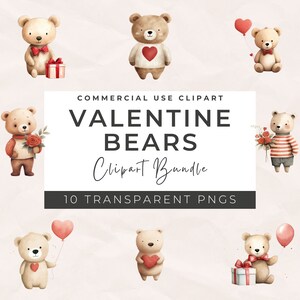 Paquete de imágenes prediseñadas de osos de San Valentín: osito de peluche, osito de peluche lindo, PNG del día de San Valentín, PNG de corazón de amor, globos, álbum de recortes, creación de tarjetas