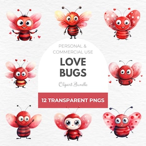 Watercolor Love Bug Clipart: Transparent PNGs (Digital Download)