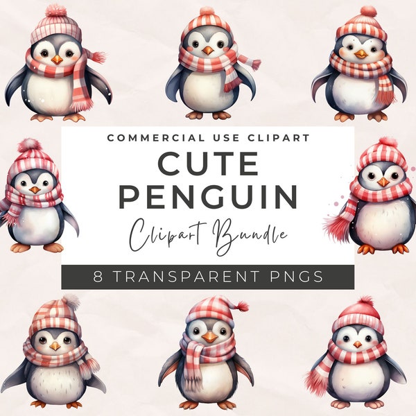 Cute Penguin Clipart Bundle - Christmas Holiday Clipart, Winter Animals, Commercial Use, Digital Download, Sublimation Graphics