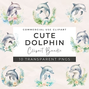 Aquarelle dauphin mignon Clipart - Bundle, Doodle Clipart aquarelle, clipart chambre d'enfant, fabrication de cartes, créations numériques en papier