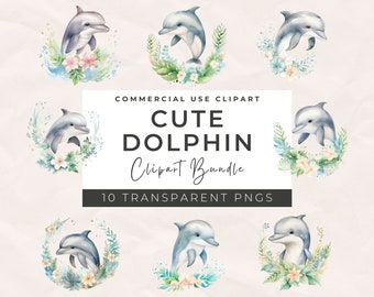 Lot de cliparts dauphins aquarelles – oeuvres d'art pour chambre d'enfant (téléchargement numérique)