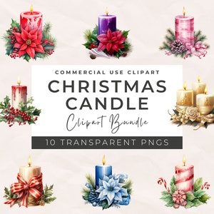 Watercolor Christmas Candle Clipart: Holiday PNG Bundle (Commercial License)