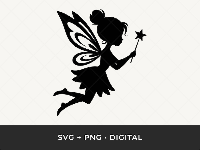Op de afbeelding: Zwart silhouet van een fee met grote vleugels, een knotkapsel en een sterrenstaf. De fee is in volle vlucht, met een zwierige rok. De tekst "SVG + PNG &bull; DIGITAL" staat onderaan.