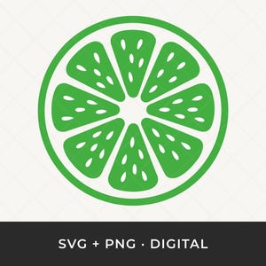 Puede incluir: Gráfico de una rodaja de lima verde brillante con semillas blancas y un contorno blanco. La imagen es un archivo digital SVG y PNG. El texto "SVG + PNG • DIGITAL" está en la parte inferior de la imagen.