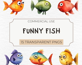 Watercolor Funny Fish Clipart – Transparent PNG Graphics (Digital Download)