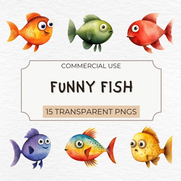 Watercolor Funny Fish Clipart - Funny Fish Graphics , Fish Bundle, Fish Clip Art, Cute Fish, Digital Download, Commercial Use, Scrap Book