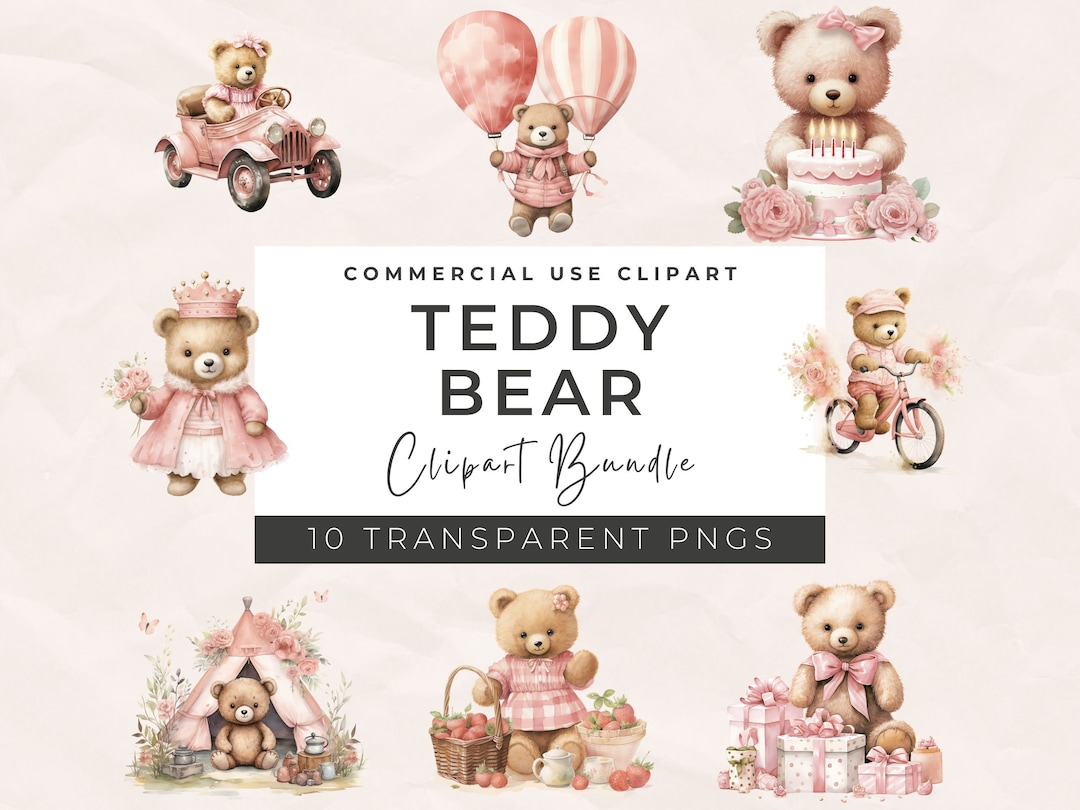 Watercolor Teddy Bear Clipart Bundle, Baby Shower for a Girl ...