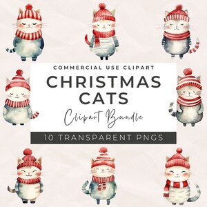 Clipart di gatti di Natale ad acquerello - Gatti carini e festivi, set di vacanze moderne, illustrazione per bambini in stile scandinavo, PNG trasparente, uso commerciale