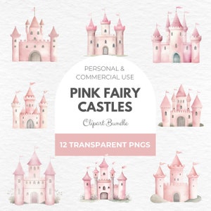 Castillo de hadas rosa en acuarela, imágenes prediseñadas: castillo de princesa, reino mágico, castillo mágico PNG, castillo de cuento de hadas PNG, archivo descargable