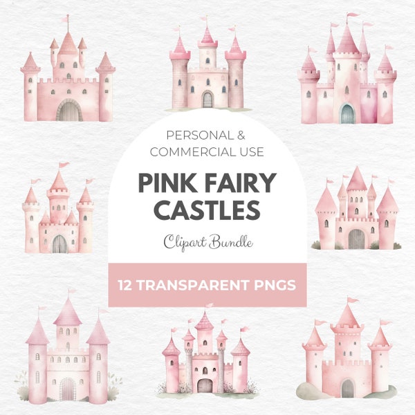 Watercolor Pink Fairy Castle Clipart - Princess Castle, Magical Kingdom, Magical Castle PNG, Fairytale Castle PNG, Downloadable File