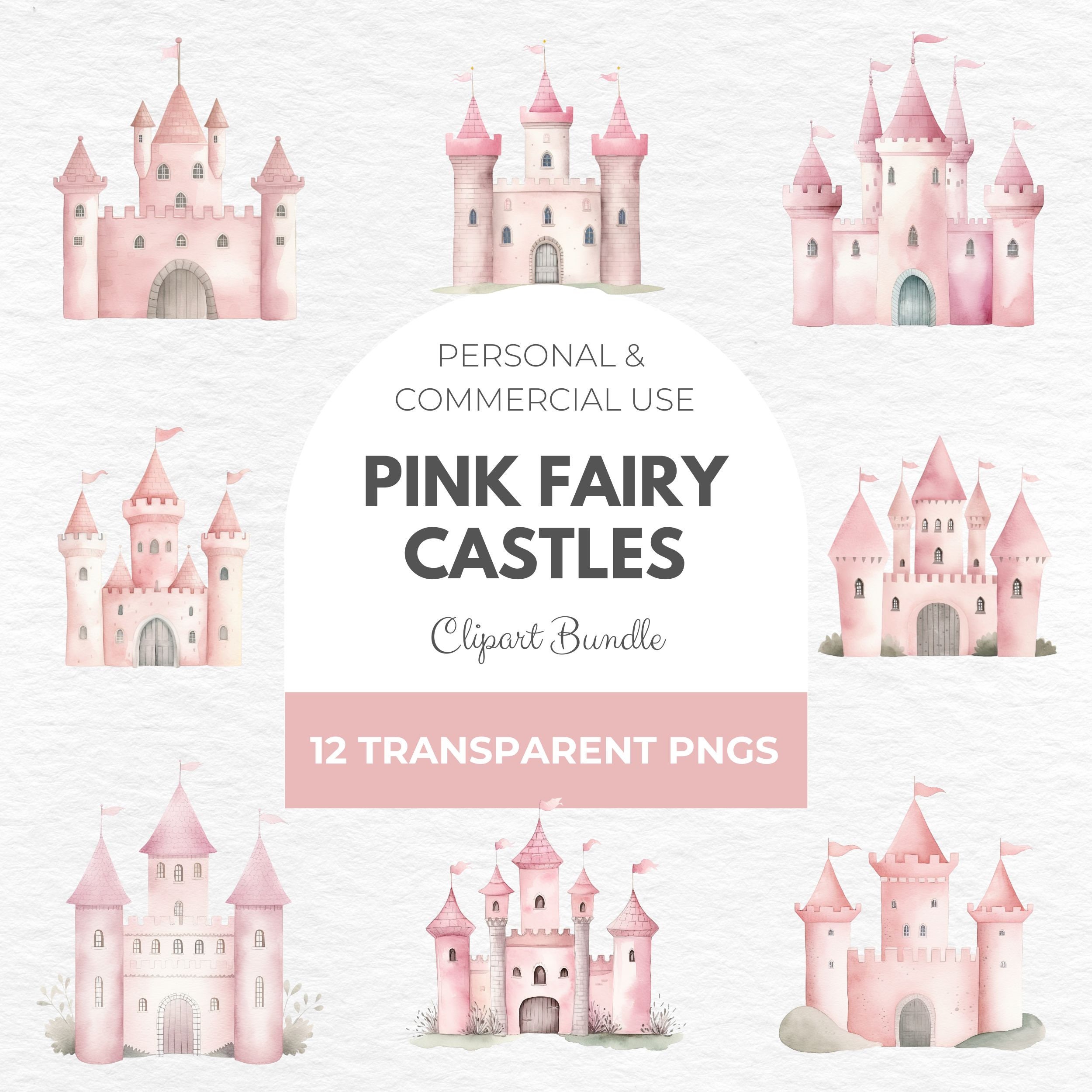 Watercolor Pink Fairy Castle Clipart: Princess Kingdom PNG (Downloadable File)